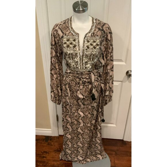 Figue Brown Snakeskin Maxi Dress Belted Sequins Side Slits Size Small
